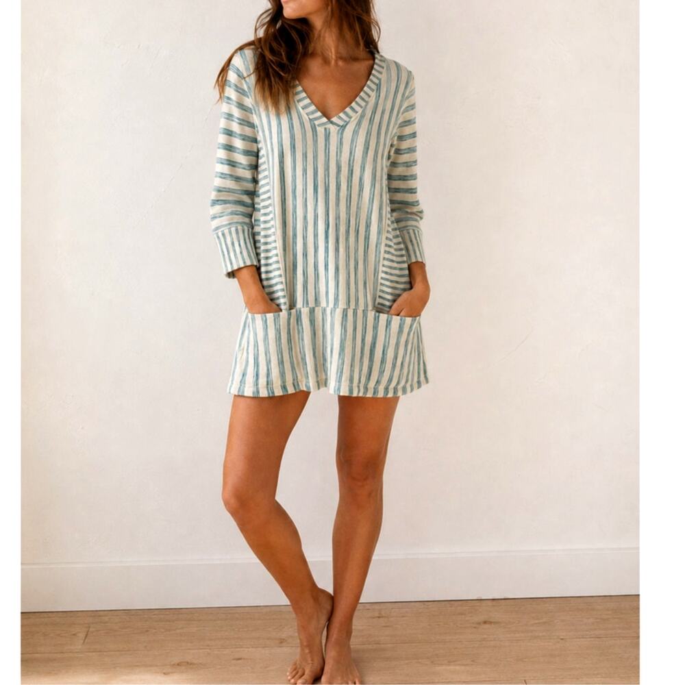 Soft Surroundings Striped Terry Tunic Coastal Blue Beach Cover Up Pockets- sz M